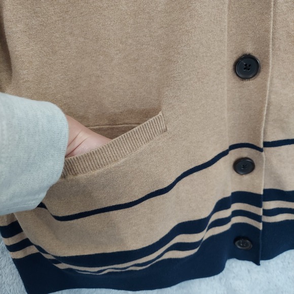 Duluth Trading Longline Cardigan Womens 1X Tan Navy Striped Open Front Preppy - Picture 3 of 13